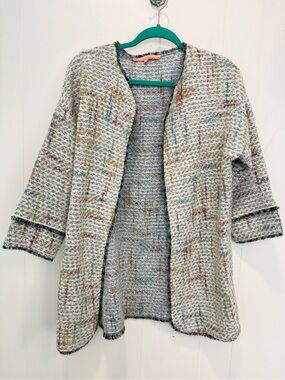 Vilagallo Multicolor Wool Blend Tweed Fringe Open Front Jacket Cardigan Size 42